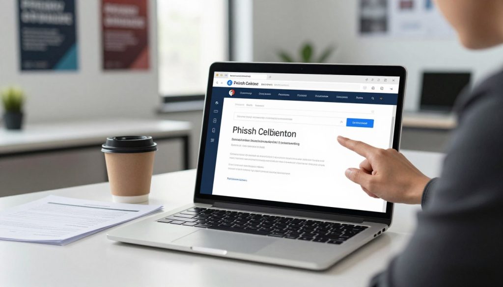 A close-up view of a sleek laptop on a modern desk, surrounded by documents and a coffee cup, emphasizing a professional environment. In the foreground, an individual in business attire intently inspects a phishing email on the laptop screen, highlighting key elements like suspicious links and urgent language in the email. The middle ground features a blurred, organized office space with motivational posters about cybersecurity awareness, creating a sense of focus. The background includes soft, natural lighting streaming in through a window, casting light on the scene. The overall mood is serious yet proactive, emphasizing the importance of vigilance in digital communication.
