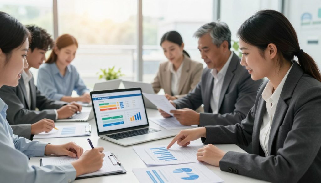 A modern office setting featuring a diverse group of professionals gathered around a large table covered with documents, laptops, and charts comparing auto insurance rates. In the foreground, a young woman in a business suit points to a financial chart, while a middle-aged man in a blazer reviews a document. In the middle, a laptop displays an infographic of auto insurance rate comparisons in bright, engaging colors. The background features large windows with natural light pouring in, creating a bright and inviting atmosphere. The image conveys a sense of collaboration and determination, emphasizing the theme of effectively comparing auto insurance rates. Soft, warm lighting enhances the professional mood of the scene. A modern office setting featuring a diverse group of professionals gathered around a large table covered with documents, laptops, and charts comparing auto insurance rates. In the foreground, a young woman in a business suit points to a financial chart, while a middle-aged man in a blazer reviews a document. In the middle, a laptop displays an infographic of auto insurance rate comparisons in bright, engaging colors. The background features large windows with natural light pouring in, creating a bright and inviting atmosphere. The image conveys a sense of collaboration and determination, emphasizing the theme of effectively comparing auto insurance rates. Soft, warm lighting enhances the professional mood of the scene.