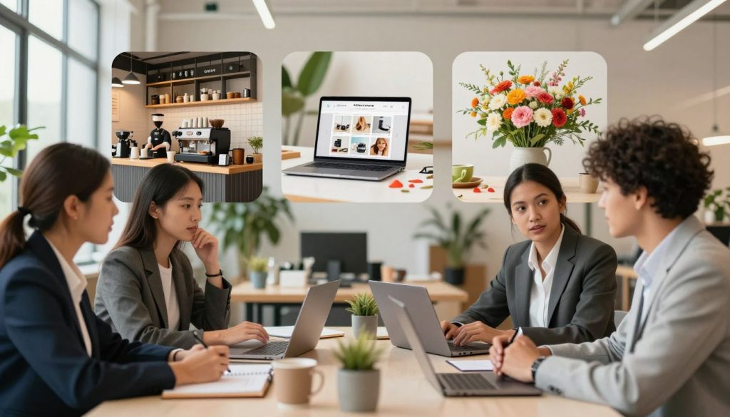 A vibrant and inspiring workspace showcasing a variety of profitable small business ideas. In the foreground, a diverse group of three professionals, dressed in smart business attire, are engaged in discussion around a modern table filled with laptops and notepads. The middle layer features visual elements representing small businesses: a coffee shop setup with barista equipment, a trendy online store displayed on a laptop, and a creative floral arrangement emphasizing a local florist. The background shows a bright, airy office space with large windows and greenery, conveying a sense of innovation and opportunity. Soft, warm lighting enhances the atmosphere, while a shallow depth of field subtly blurs the background, drawing focus to the engaging scene. The overall mood is motivational and dynamic, ideal for reflecting modern entrepreneurial spirit. A vibrant and inspiring workspace showcasing a variety of profitable small business ideas. In the foreground, a diverse group of three professionals, dressed in smart business attire, are engaged in discussion around a modern table filled with laptops and notepads. The middle layer features visual elements representing small businesses: a coffee shop setup with barista equipment, a trendy online store displayed on a laptop, and a creative floral arrangement emphasizing a local florist. The background shows a bright, airy office space with large windows and greenery, conveying a sense of innovation and opportunity. Soft, warm lighting enhances the atmosphere, while a shallow depth of field subtly blurs the background, drawing focus to the engaging scene. The overall mood is motivational and dynamic, ideal for reflecting modern entrepreneurial spirit.