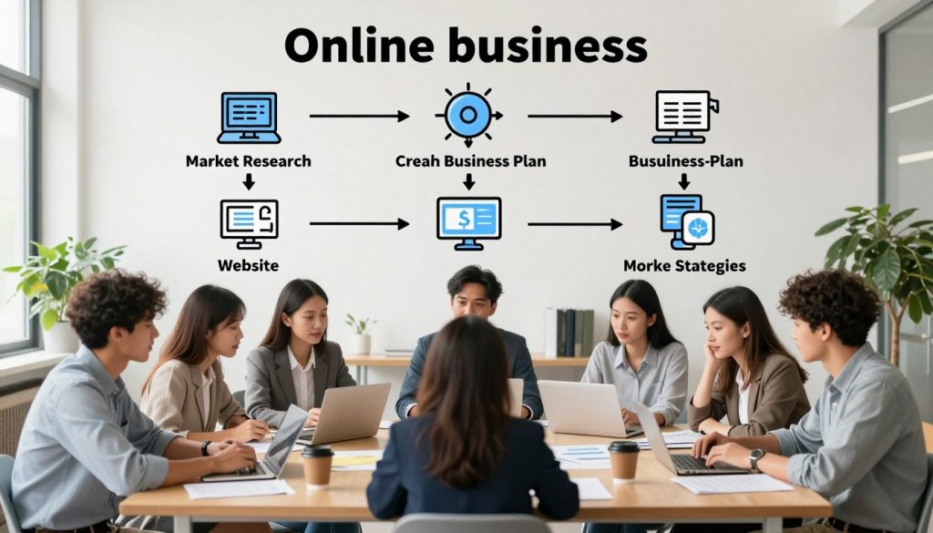 A visual representation of the essential steps to launch an online business, designed as a flowchart. In the foreground, depict a diverse group of professionals in business casual attire, engaged in a brainstorming session around a large table filled with notes, laptops, and coffee cups. In the middle, illustrate key steps: market research, creating a business plan, developing a website, and marketing strategies, each represented by icons or illustrations. The background should feature a modern office environment with large windows, soft natural lighting streaming in, and plants for a fresh atmosphere. The overall mood should be inspiring and collaborative, highlighting the excitement of starting a new venture. A visual representation of the essential steps to launch an online business, designed as a flowchart. In the foreground, depict a diverse group of professionals in business casual attire, engaged in a brainstorming session around a large table filled with notes, laptops, and coffee cups. In the middle, illustrate key steps: market research, creating a business plan, developing a website, and marketing strategies, each represented by icons or illustrations. The background should feature a modern office environment with large windows, soft natural lighting streaming in, and plants for a fresh atmosphere. The overall mood should be inspiring and collaborative, highlighting the excitement of starting a new venture.
