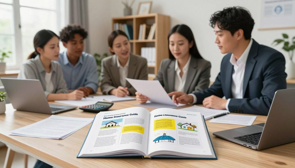 A visually engaging and informative illustration depicting the essential steps for using a Home Insurance Guide. In the foreground, include a stylish desk with a partially open home insurance guide featuring highlighted sections, surrounded by neatly arranged paperwork, a calculator, and a modern laptop. In the middle ground, feature a diverse group of professional individuals in business attire, intently discussing the guide and pointing at key sections, conveying collaboration and engagement. In the background, depict a cozy, well-lit home office setting with large windows letting in natural light, and a bookshelf filled with insurance-related materials. The mood should be proactive and informative, evoking a sense of empowerment for homeowners. A visually engaging and informative illustration depicting the essential steps for using a Home Insurance Guide. In the foreground, include a stylish desk with a partially open home insurance guide featuring highlighted sections, surrounded by neatly arranged paperwork, a calculator, and a modern laptop. In the middle ground, feature a diverse group of professional individuals in business attire, intently discussing the guide and pointing at key sections, conveying collaboration and engagement. In the background, depict a cozy, well-lit home office setting with large windows letting in natural light, and a bookshelf filled with insurance-related materials. The mood should be proactive and informative, evoking a sense of empowerment for homeowners.
