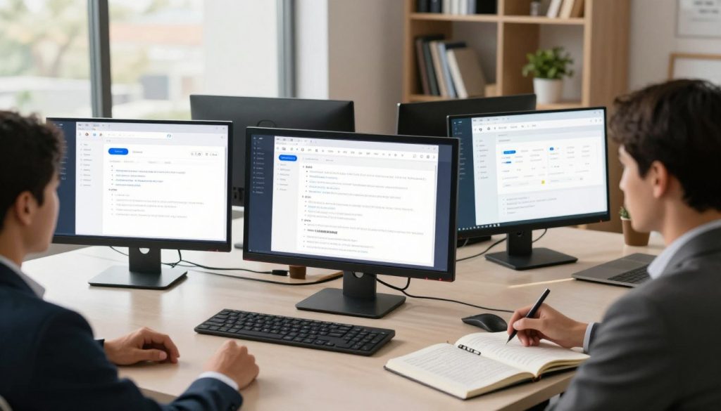 A visually engaging comparison scene of various AI writing tools, featuring sleek digital interfaces on several modern monitors arranged on a contemporary office desk. In the foreground, a professional businessperson, dressed in smart attire, examines the screens with a thoughtful expression, analyzing the features of different tools, alongside an open notebook filled with notes. The middle ground showcases a stylish bookshelf filled with tech literature and a potted plant, adding a touch of nature. In the background, a large window allows natural light to pour in, creating a warm, inviting atmosphere. The angle is slightly above the desk, providing a dynamic perspective while emphasizing the advanced technology and professional environment. The overall mood is focused and innovative, highlighting the exploration of AI writing solutions. A visually engaging comparison scene of various AI writing tools, featuring sleek digital interfaces on several modern monitors arranged on a contemporary office desk. In the foreground, a professional businessperson, dressed in smart attire, examines the screens with a thoughtful expression, analyzing the features of different tools, alongside an open notebook filled with notes. The middle ground showcases a stylish bookshelf filled with tech literature and a potted plant, adding a touch of nature. In the background, a large window allows natural light to pour in, creating a warm, inviting atmosphere. The angle is slightly above the desk, providing a dynamic perspective while emphasizing the advanced technology and professional environment. The overall mood is focused and innovative, highlighting the exploration of AI writing solutions.