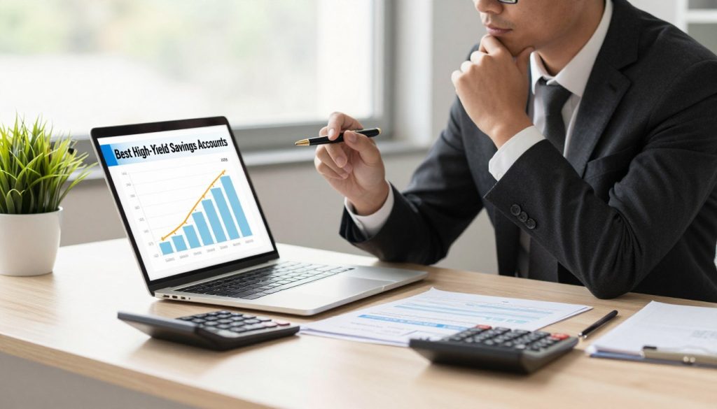 A visually engaging composition illustrating "Best High-Yield Savings Accounts" for 2026. In the foreground, an elegant modern desk with a laptop displaying a chart of interest rates and high-yield savings account options. On the desk, scattered financial documents, a sleek calculator, and a potted plant for a touch of greenery. The middle layer features a professional individual in business attire, looking thoughtfully at the laptop screen, a pen in hand, exuding intent and focus. The background is softly blurred, hinting at a bright office environment with large windows letting in natural light, suggesting productivity and optimism. The overall mood is one of professionalism, financial empowerment, and informed decision-making, with warm yet bright lighting that enhances clarity and appeal. A visually engaging composition illustrating "Best High-Yield Savings Accounts" for 2026. In the foreground, an elegant modern desk with a laptop displaying a chart of interest rates and high-yield savings account options. On the desk, scattered financial documents, a sleek calculator, and a potted plant for a touch of greenery. The middle layer features a professional individual in business attire, looking thoughtfully at the laptop screen, a pen in hand, exuding intent and focus. The background is softly blurred, hinting at a bright office environment with large windows letting in natural light, suggesting productivity and optimism. The overall mood is one of professionalism, financial empowerment, and informed decision-making, with warm yet bright lighting that enhances clarity and appeal.