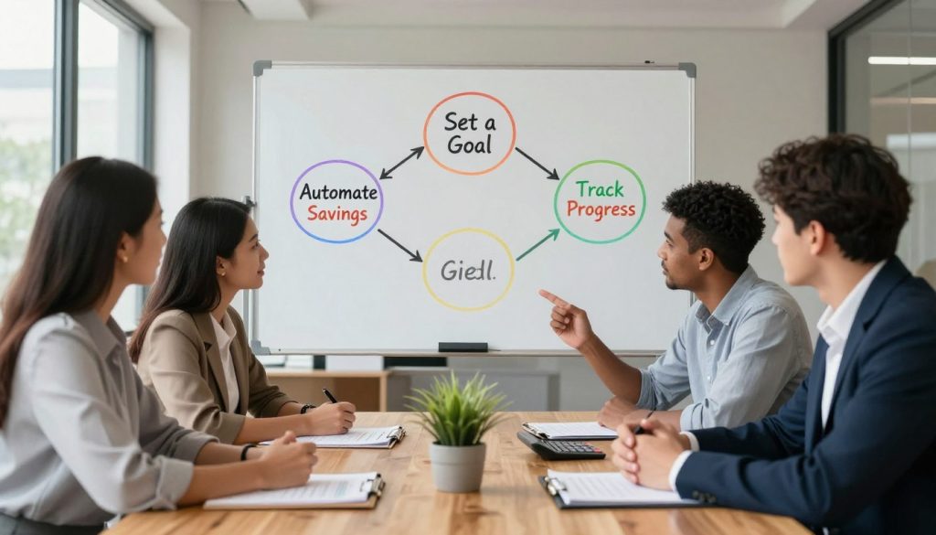 A visually engaging illustration depicting the essential steps for building an emergency fund. In the foreground, a diverse group of three professionals—two women and one man—are seated around a wooden conference table, discussing financial strategies. They are dressed in smart casual attire. On the table are financial documents, a calculator, and a plant for a touch of warmth. In the middle, a large, whiteboard displays a clear, simple diagram outlining steps like "Set a Goal," "Automate Savings," and "Track Progress," using colorful markers. The background features a modern office environment with large windows allowing natural light to brighten the scene. The atmosphere is focused and motivational, conveying a sense of teamwork and financial empowerment. A visually engaging illustration depicting the essential steps for building an emergency fund. In the foreground, a diverse group of three professionals—two women and one man—are seated around a wooden conference table, discussing financial strategies. They are dressed in smart casual attire. On the table are financial documents, a calculator, and a plant for a touch of warmth. In the middle, a large, whiteboard displays a clear, simple diagram outlining steps like "Set a Goal," "Automate Savings," and "Track Progress," using colorful markers. The background features a modern office environment with large windows allowing natural light to brighten the scene. The atmosphere is focused and motivational, conveying a sense of teamwork and financial empowerment.